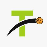 Basketball Logo On Letter T With Moving Basketball Icon. Basket Ball Logotype Symbol vector