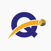 Volleyball Logo On Letter Q With Moving Volleyball Ball Icon. Volley Ball Symbol vector