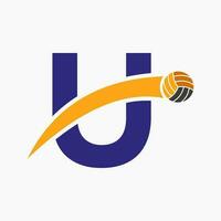 Volleyball Logo On Letter U With Moving Volleyball Ball Icon. Volley Ball Symbol vector