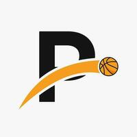 baloncesto logo en letra pags con Moviente baloncesto icono. cesta pelota logotipo símbolo vector