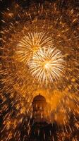 hermosa Fuegos artificiales espectáculo con paisaje urbano a noche para celebracion contento nuevo año. Fuegos artificiales monitor concepto por ai generado foto