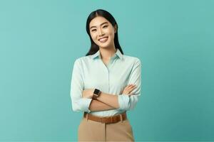 Beautiful asian woman in casual with smile cheerful. Studio shot asian woman standing hand gesture concept by AI Generated photo