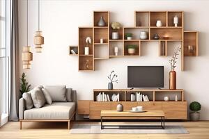 moderno Departamento interior en vivo o dormitorio diseño con trabajando mesa, muebles, y estante para libros. lujo hogar escandinavo concepto por ai generado foto
