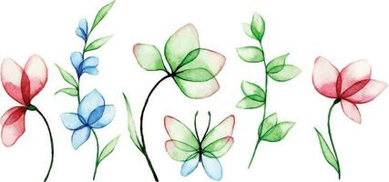 watercolor drawing, set of transparent flowers and leaves. abstract plants in blue and pink. vector