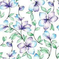 acuarela dibujo. sin costura modelo de resumen transparente flores y hojas. azul y púrpura flores, clipart vector