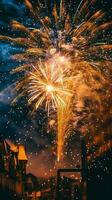 Beautiful firework show with cityscape at night for celebration happy new year. Firework display concept by AI Generated photo