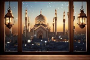 Eid mubarak and ramadan kareem greetings with islamic lantern and mosque. Eid al fitr background. Eid al fitr background of window concept by AI Generated photo