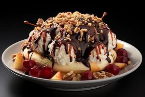 A delicious Banana split ice cream dessert with chocolate syrup. Banana split ice cream dessert by photo