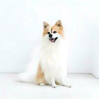 perro de Pomerania sentado en frente de un blanco pared. ai generaciones foto