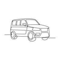 One continuous line drawing of car as land vehicle with white background. Land transportation design in simple linear style. Non coloring vehicle design concept vector illustration