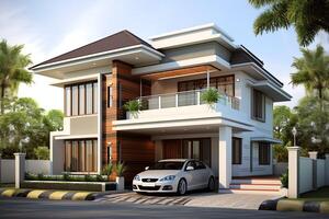 Beautiful modern house exterior with carport. Modern residential district and minimalist building concept by photo