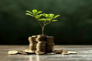 negocio crecimiento con un creciente árbol en un moneda. demostración financiero desarrollos financiero planificación concepto por ai generado foto