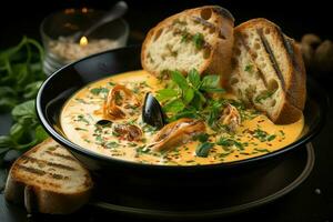 A delicious bouillabaisse soup food in a bowl. Marseille food and healthy protein soup meal concept by AI Generated photo