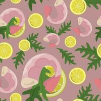 Vector seamless pattern with shrimp, lemon slices and arugula on pink. Background, wallpaper, paper or textile print