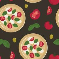 Vector seamless pattern with pizzas, tomato slices, olives and basil. Wallpaper, background, paper or textile print