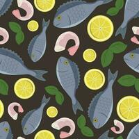 Vector seamless pattern with fish, shrimp and lemon slices. Wallpaper, background, paper or textile print