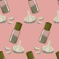 Vector seamless pattern with pepper mills and garlic on pink. Wallpaper, background, paper or textile print