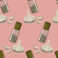 Vector seamless pattern with pepper mills and garlic on pink. Wallpaper, background, paper or textile print