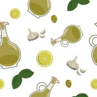 Vector seamless pattern with olive oil bottles, garlic, lemon slices, olives and basil on white. Background, wallpaper, textile or paper print