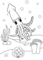 Cute cartoon squid. Coloring book or page for kids. Marine life vector