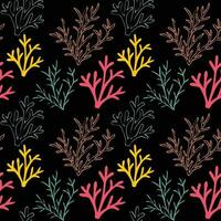 Yellow, pink and mint corals on a black background. Vector seamless pattern with tropical reef. Sea doodles