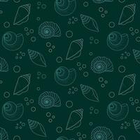 Seamless vector pattern on the marine theme. Various seashells with a blue line on a green background