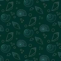 Seamless vector pattern on the marine theme. Various seashells with a blue line on a green background