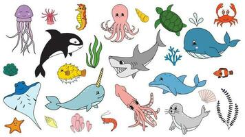 Fish and wild marine animals are isolated on white background. Inhabitants of the sea world, cute, funny underwater creatures dolphin, shark, ocean crabs, sea turtle, shrimp. Flat cartoon illustration vector