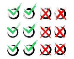 Check mark and wrong mark in brush stroke style icon set. Symbol for approval, acc, ok, rejection, refusal, and acceptance. vector