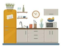 Modern kitchen interior. Decor for the kitchen. Kitchen furniture. Refrigerator, microwave, kettle, mug. Vector in flat style.