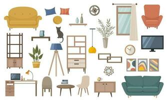 Isolated set of home interior items. Home furniture. Living room interior with furniture, table, shelves with books and home flowers, floor lamp, TV, computer. Vector illustration in a flat style.