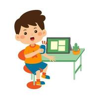 cute little kid use tablet vector illustration