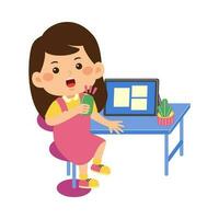 cute little kid use tablet vector illustration