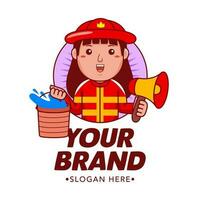 Woman Firefighter Cartoon Character Logo Vector Template