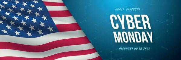 Cyber Monday festive banner with US flag and blue microcircuit. vector