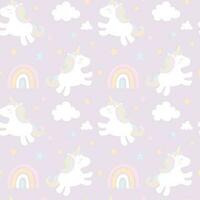 Childish seamless pattern with cute unicorns, clouds, stars and rainbows. vector