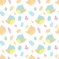 Seamless pattern of cute cartoon childish birds with leaves and flowers vector
