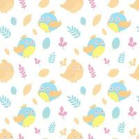 Seamless pattern of cute cartoon childish birds with leaves and flowers vector