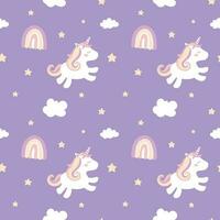 Childish seamless pattern with cute unicorns, clouds, stars and rainbows. vector