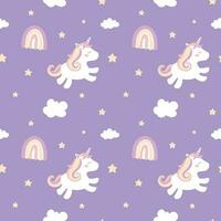 Childish seamless pattern with cute unicorns, clouds, stars and rainbows. vector