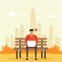 Businessman sitting on bench in the park and working with laptop. Flat design style. Vector Illustration.