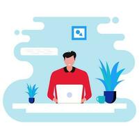 Young man working on the computer programmer, business analysis, design, strategy. Flat vector illustration in cartoon style.