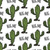 Saguaro cactus seamless vector pattern. Green desert plant with stones. Hug me, cute prickly succulent. Bright hand drawn illustration. Flat cartoon background for wallpaper, fabric, packaging, web