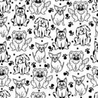 Cute dogs seamless vector pattern. Puppy French Bulldog, Chihuahua, Pekingese with paw prints. Pedigree pets. Fluffy, spotted, tiny animals. Simple sketch. Black and white background for fabric, web