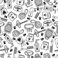 Veterinary and pet grooming seamless vector pattern. Animal accessories - collar, dog food, scratching post, cat carrier, toys, comb, bowl. Black and white background with paw prints. For fabric, web