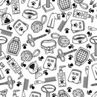 Veterinary and pet grooming seamless vector pattern. Animal accessories - collar, dog food, scratching post, cat carrier, toys, comb, bowl. Black and white background with paw prints. For fabric, web