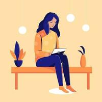 A girl with glasses is sitting on a bench and using a laptop. Study, work, lifestyle. Vector illustration in a flat style.