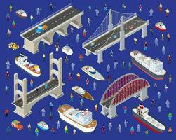 The bridge People of urban infrastructure is isometric for games, applications of inspiration, and creativity. City transport organization objects in 3D dimensional form vector