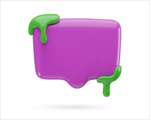 3d blank speech bubble with dripping green slime. Minimal realistic plastic three dimensional Halloween purple chat icon on white background.