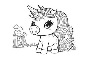 cute unicorn coloring book page, children drawing book. Coloring page for kids and adults. vector